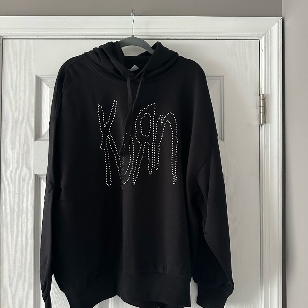Divided Black Hoodie with Rhinestone Lettering